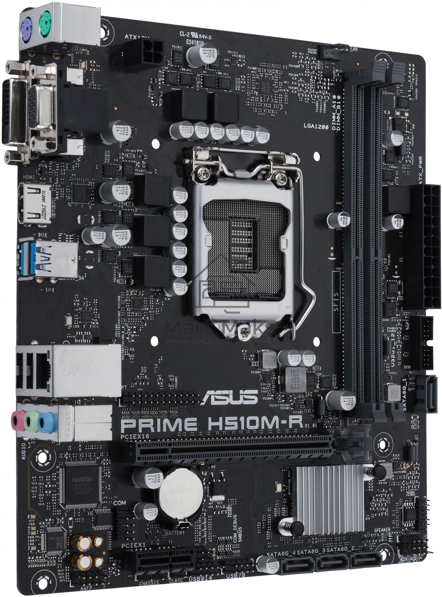 Материнская плата ASUS PRIME H510M-R-SI, LGA1200, Intel H510, 2xDDR4, 4xSATA, 1xPCIe 4.0 x16, 1xPCIe x1, 1xDVI-D, 1xHDMI, 1xVGA, 1x1Gb LAN, 2xUSB-A 5Gbps, 2xUSB-A, 3x3.5 мм, 7.1, PS/2, COM, LPT, mATX