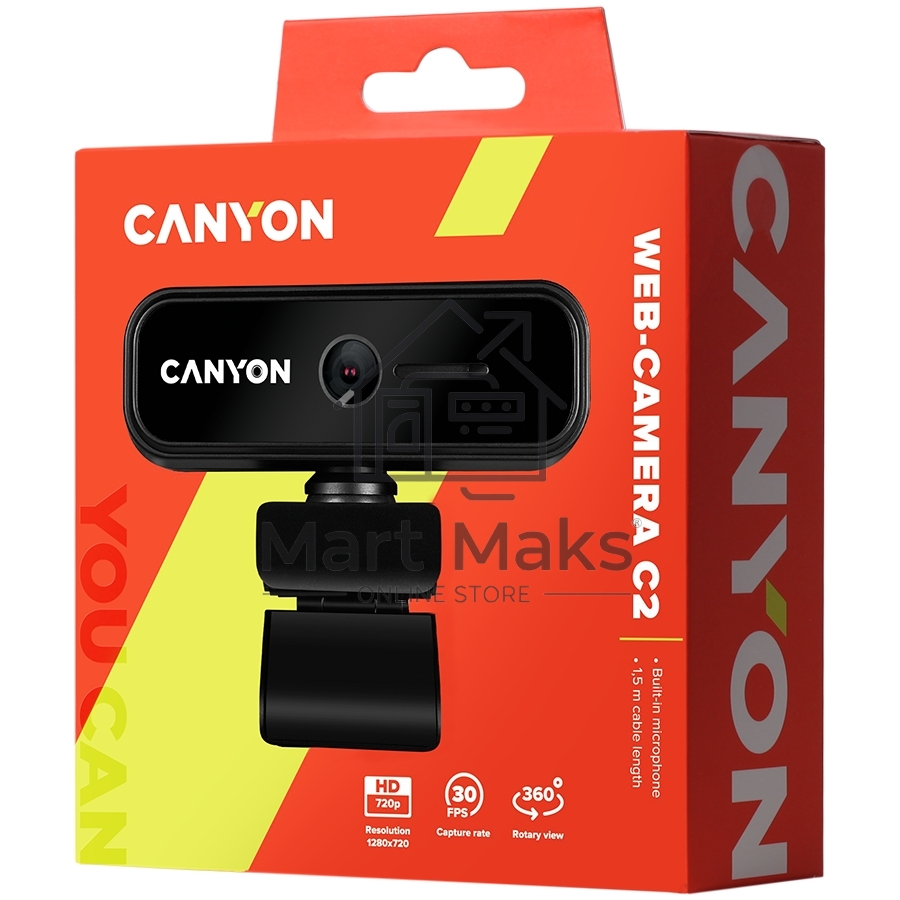 Веб камера CANYON C2 720P HD 1.0Mega fixed focus webcam with USB2.0. connector, 360° rotary view scope, 1.0Mega pixels, built in MIC, Resolution 1280*720(1920*1080 by interpolation), viewing angle 46°, cable length 1.5m, 90*60*55mm, 0.104kg, черный