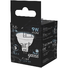 Лампа светодиодная Gauss 101505209 9Вт цок.: GU5.3 рефлек. 150B св. свеч. бел. нейт. MR16 (упак.: 10 шт)