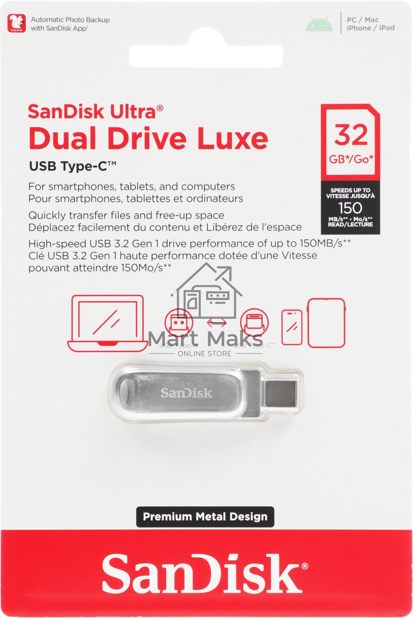 Флешка USB R/W Sandisk Ultra Dual Drive Luxe 32ГБ, USB3.0, серебристый