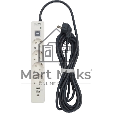 Сетевой фильтр Powercom SP-01 USB2A1CW 3,0М 3.0 м, 4 розетки, белый/серый, коробка