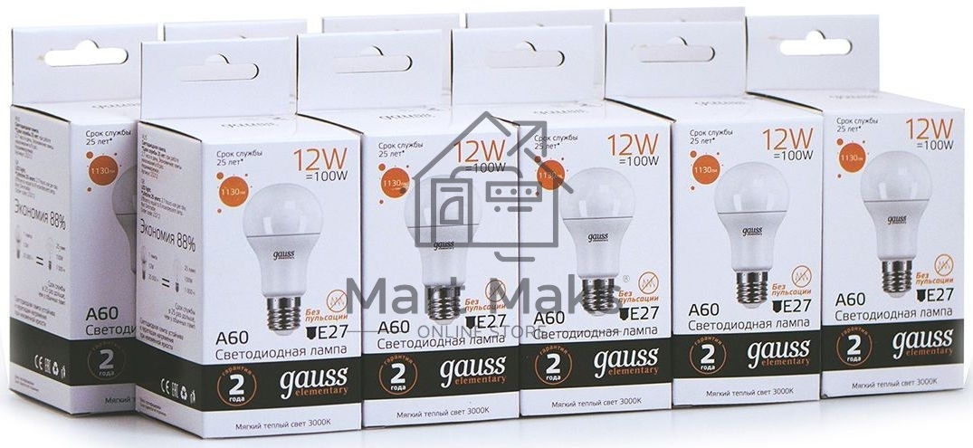 Лампа светодиодная Gauss Elementary 12Вт цок.:E27 груша 220B 3000K св.свеч.бел.теп. A60 (упак.:10шт) (23212)