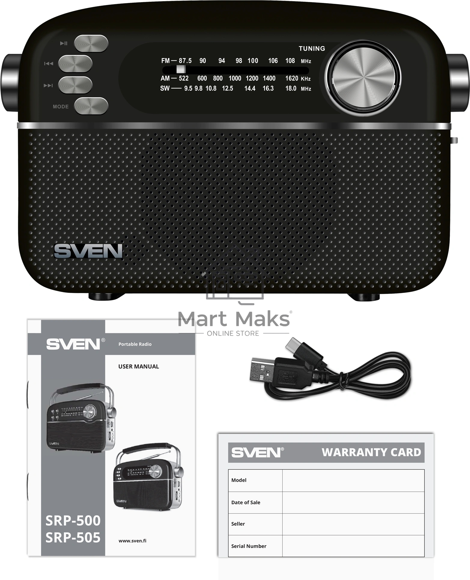 Радиоприёмник SVEN SRP-505 (4 Вт, FM/AM/SW, USB, SD/microSD, Bluetooth, 1200 мАч)черный