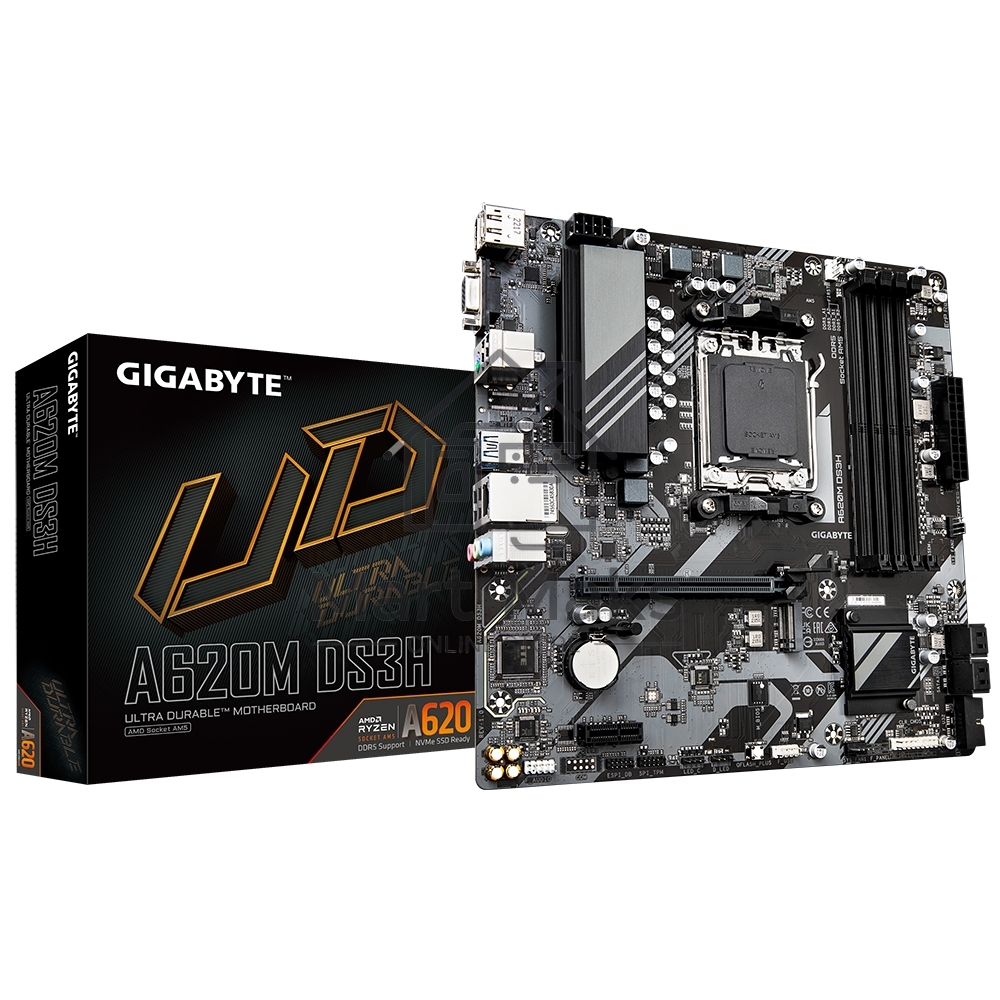 Материнская плата Gigabyte A620M DS3H, Micro-ATX, AM5, AMD A620, 4xDDR5, 4xSATA, 1xM.2, 1xPCI-E 4.0 x16, 1xPCI-E x1, 1xHDMI, 1xDP, 1xVGA, 1x 1Gb LAN, 1xUSB 3.2 Gen 1, 4xUSB 2.0, 3x3.5mm, 7.1, ATX
