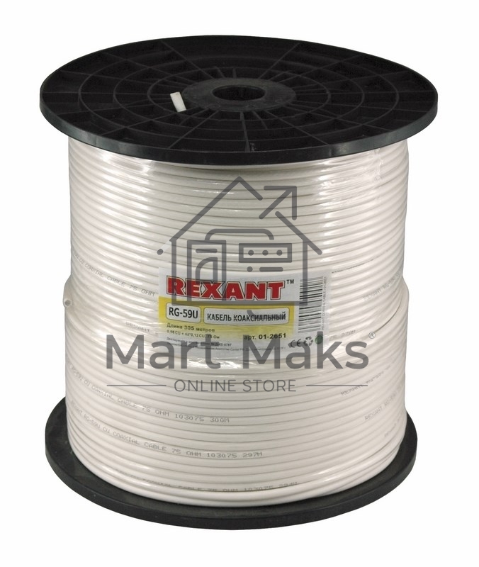 Кабель коаксиальный Rexant RG-59U+Cu, 75 Ом, Cu/Al/Cu, 64%, бухта 305 м, белый