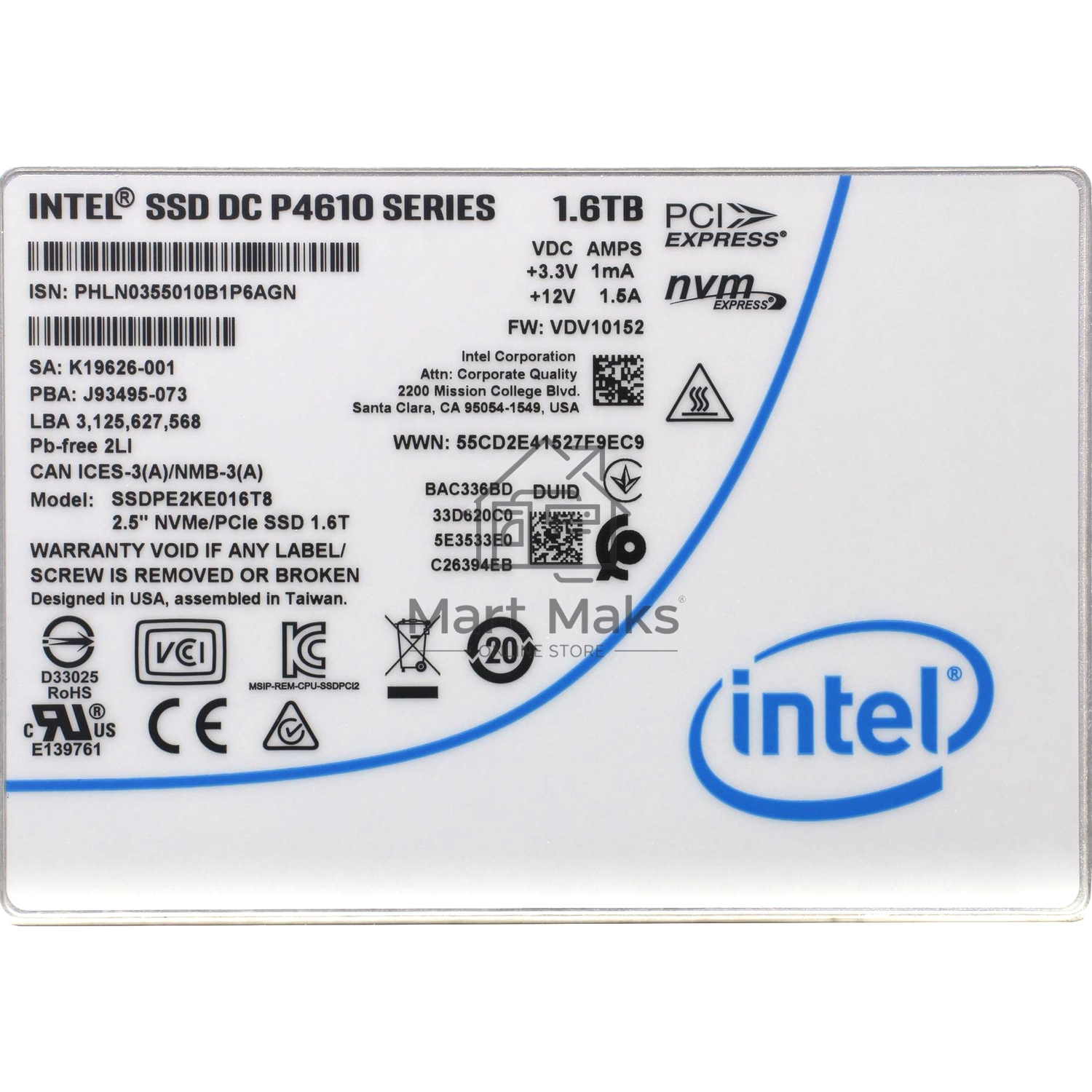 Накопитель SSD Intel DC P4610, 1.6Tb, U.2, PCIe 3.0 x4, NVMe, 2.5