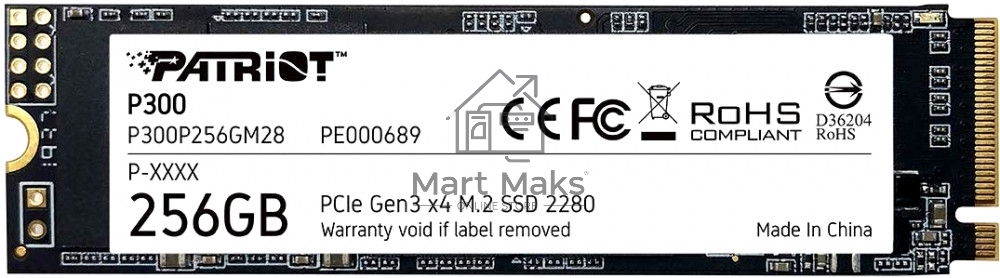 Накопитель SSD Patriot P300, 256GB, PCIe 3.0 x4, M.2 2280, NVMe, R/W 1700/1100