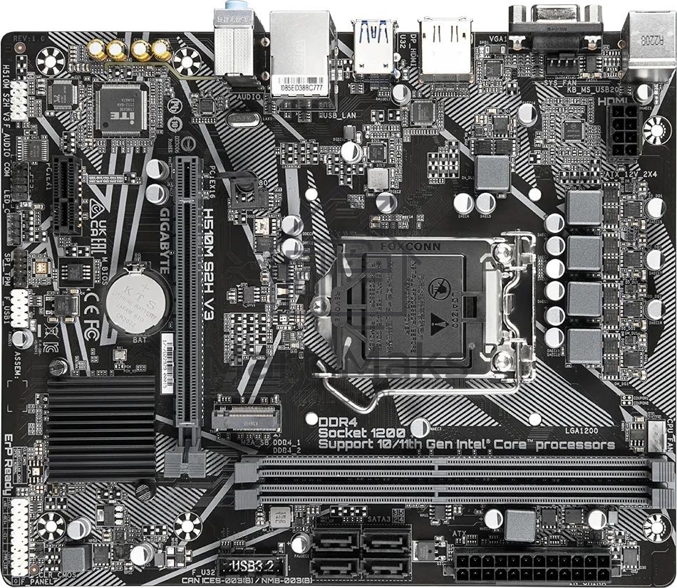 Материнская плата Gigabyte H510M S2H V3 (V2.0), LGA 1200, Intel H470, 2xDDR4, 4xSATA, 1xM.2, 1xPCIe 3.0 x16, 1xDP, 1xHDMI, 1xVGA, 1x 1Gb LAN, 2xUSB-A 3.2 Gen 1, 4xUSB-A 2.0, 3x 3.5 мм, 7.1, mATX