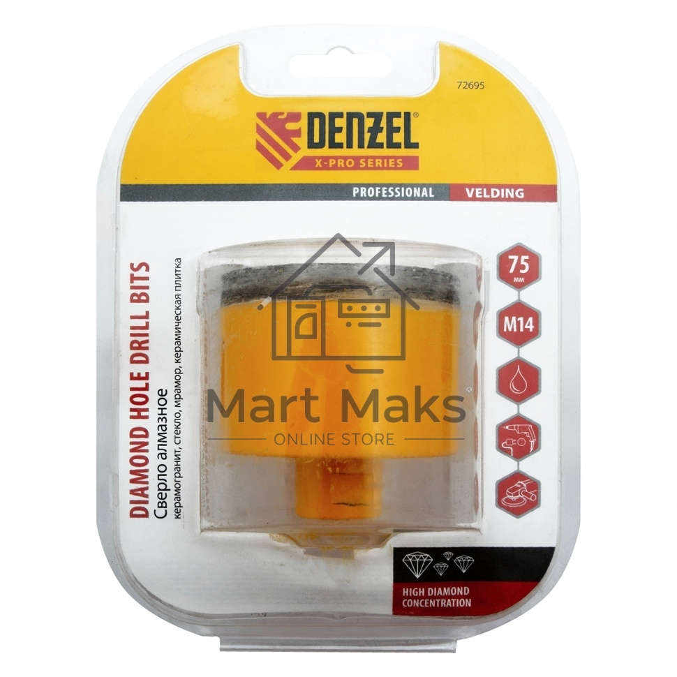 Сверло алмазное по керамограниту Denzel 75мм мокрое резание, М14 72695