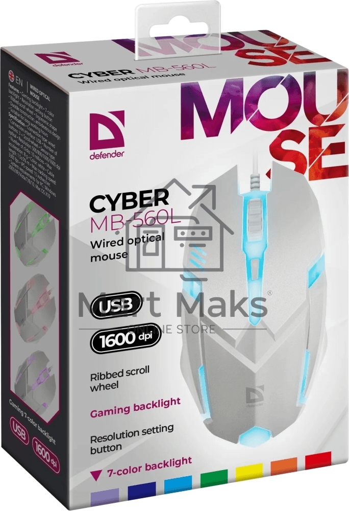 Мышь проводная Defender Cyber MB-560L белый, 1200 dpi, USB, кнопки - 3