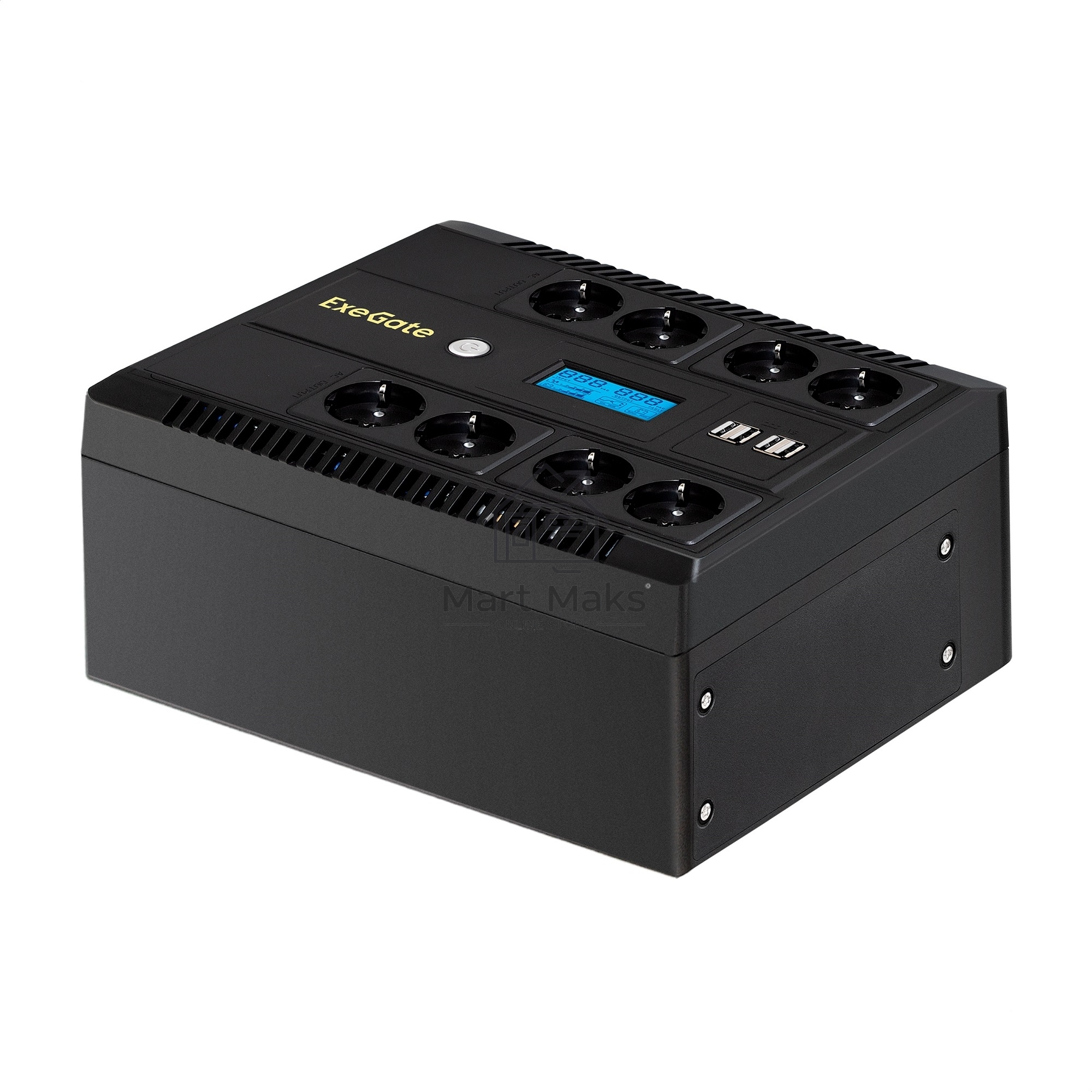 Источник бесперебойного питания ExeGate NEO Smart LHB-850.LCD.AVR.8SH.CH.RJ.USB 850VA/510W, LCD, AVR, 8*Schuko, RJ45/11, USB, 4*USB-порта для зарядки, черный