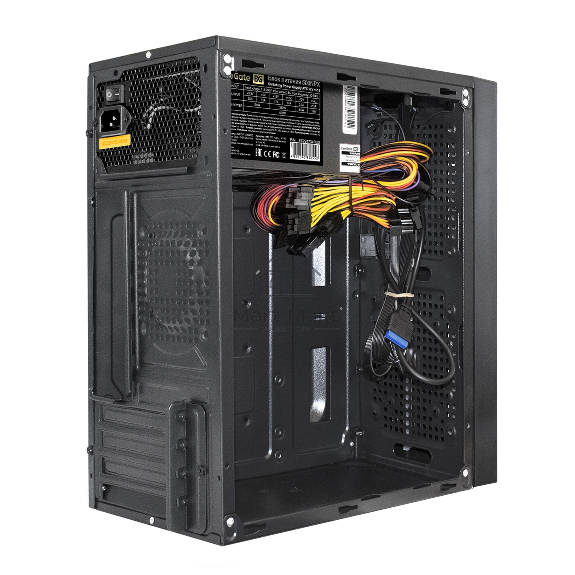 Компьютерный корпус Minitower ExeGate mEVO-9302-NPX450 (mATX, БП 450NPX с вент. 12см, 2*USB+1*USB3.0, HD аудио, черный, с RGB подсветкой)