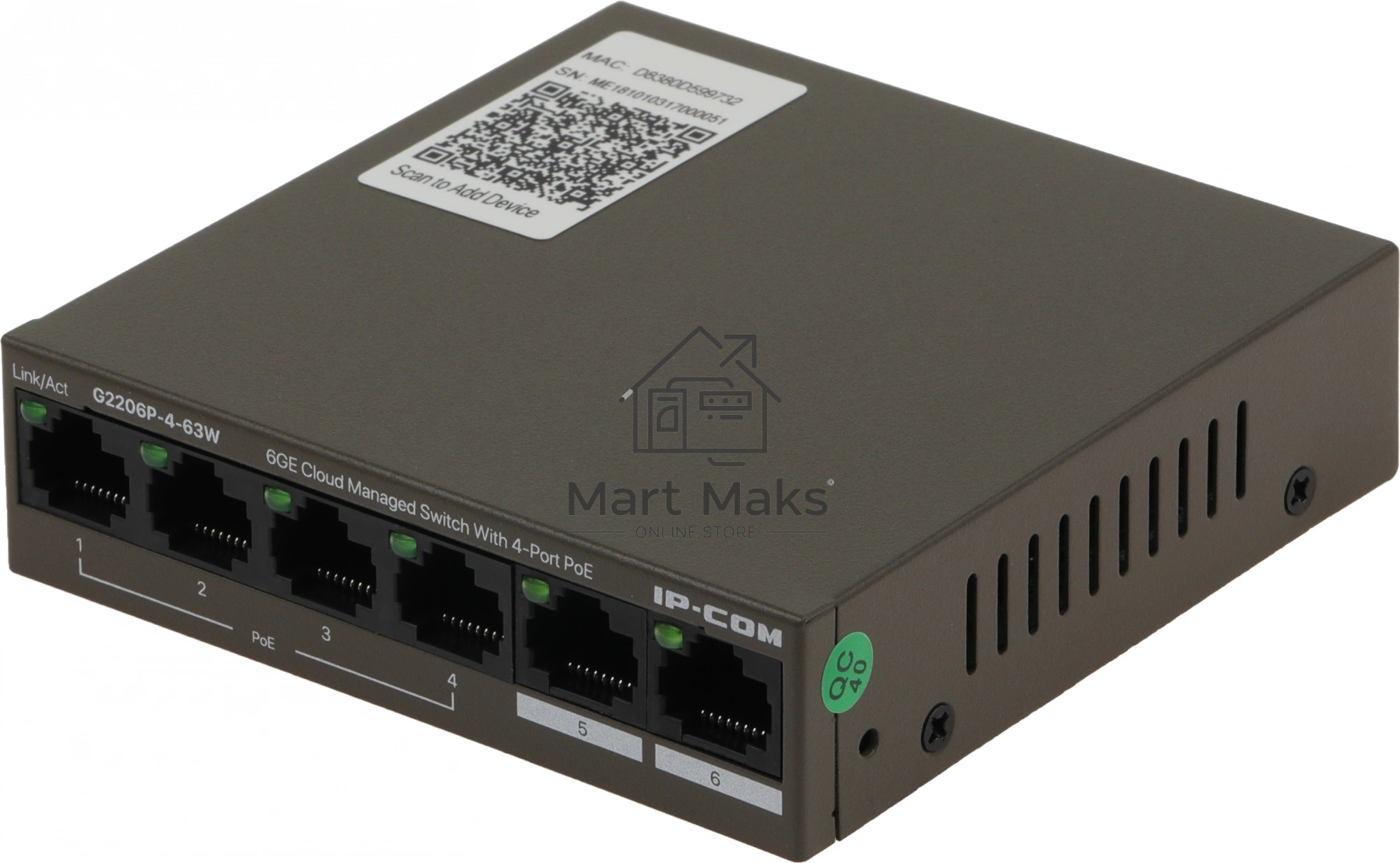 Сетевой коммутатор IP-COM G2206P-4-63W 4x10Base-T / 100Base-TX / 1000Base-T 2x1000Base-T PoE порты 4 Количество портов PoE+ 4 G2206P-4-63W