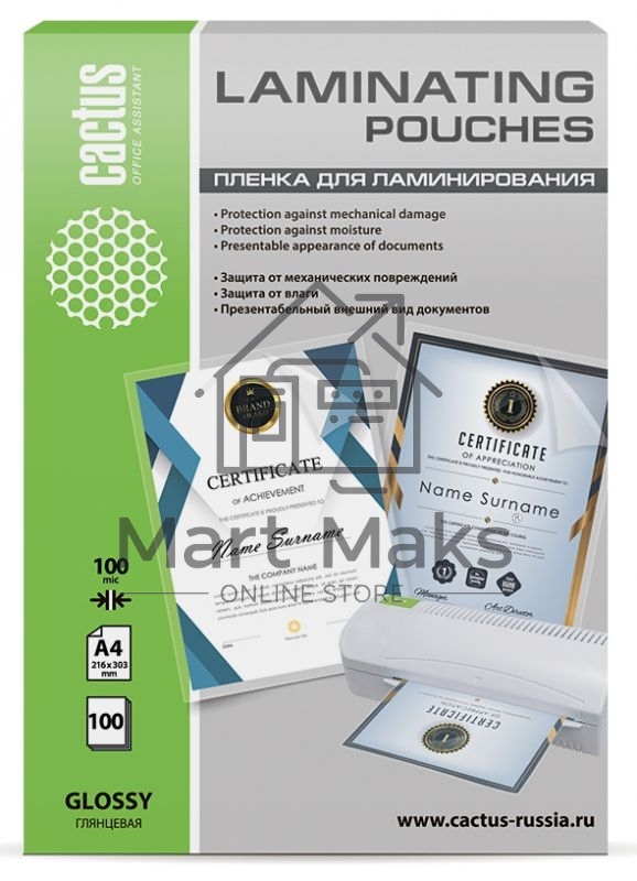 Пленка для ламинирования Cactus 100мкм A4 (100шт) глянцевая 216x303мм CS-LPGA4100100
