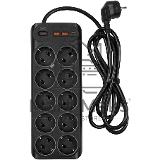 Сетевой фильтр-удлинитель PowerCom SP-10 USB2A1CB 1.8M, 10 розеток, черный, 16А, 4кВт, 204Дж, защитные шторки, защита от КЗ, перегрузки и импульсных помех, один порт USB-C(PD20W) и два USB-A(QC3.0) суммарной мощностью 15Вт, кабель 3x1 мм2, ШхГхВ 268х105х43 мм, вес 0.65 кг.