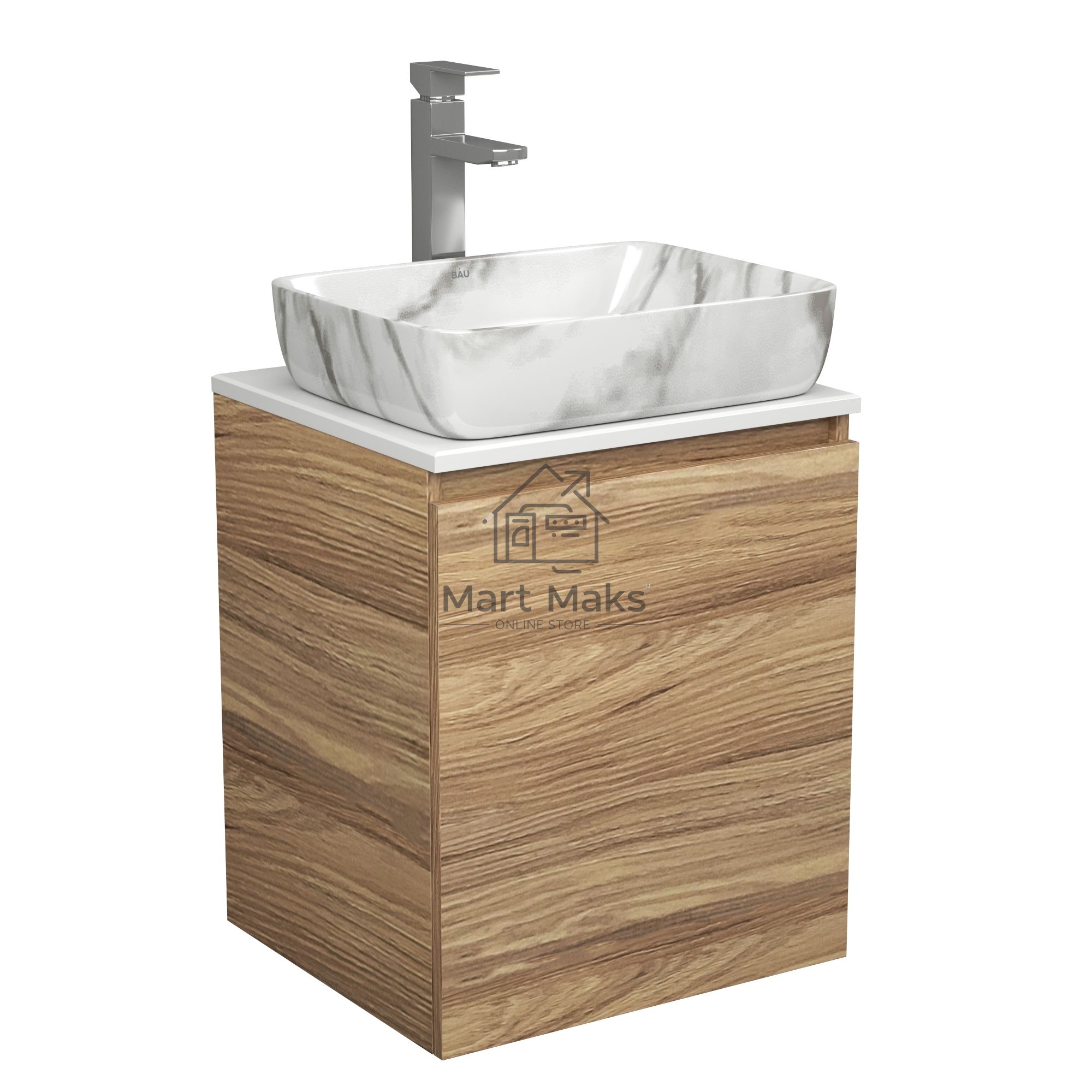 Тумба Bau Dream Blackwood 50 с дверцей, раковина BAU Hotel 51х39, мрамор, смеситель для раковины высокий Hotel Still, нержавеющая сталь
