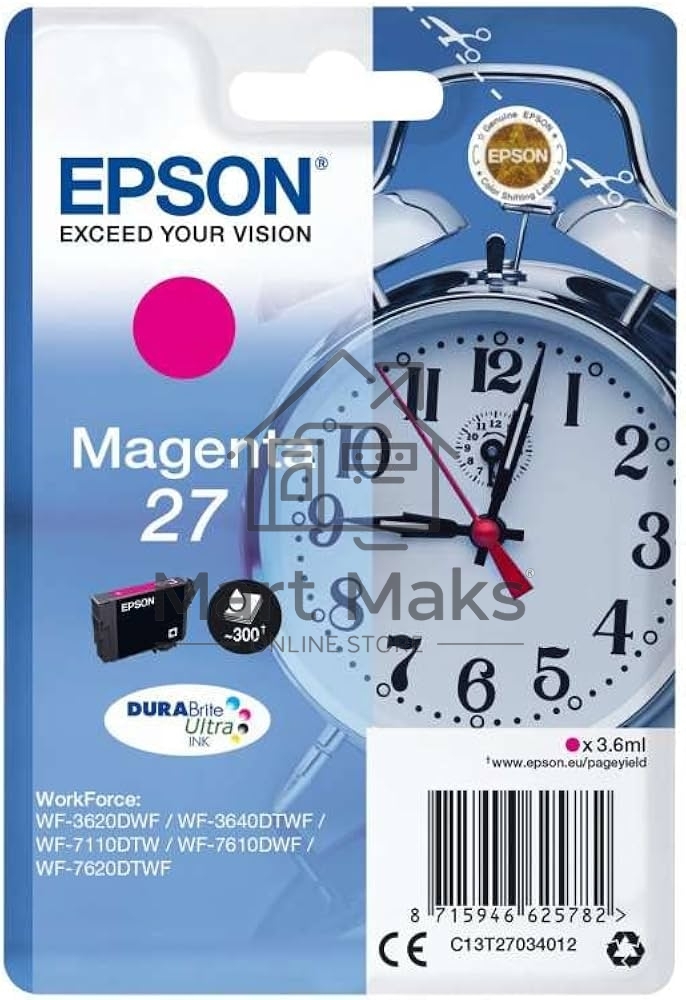 Картридж струйный Epson C13T27034012 пурпурный (300 стр.) для Epson WorkForce WF-3620/WF-3640/WF-7110/WF-7610/WF-7620/WF-7710DWF