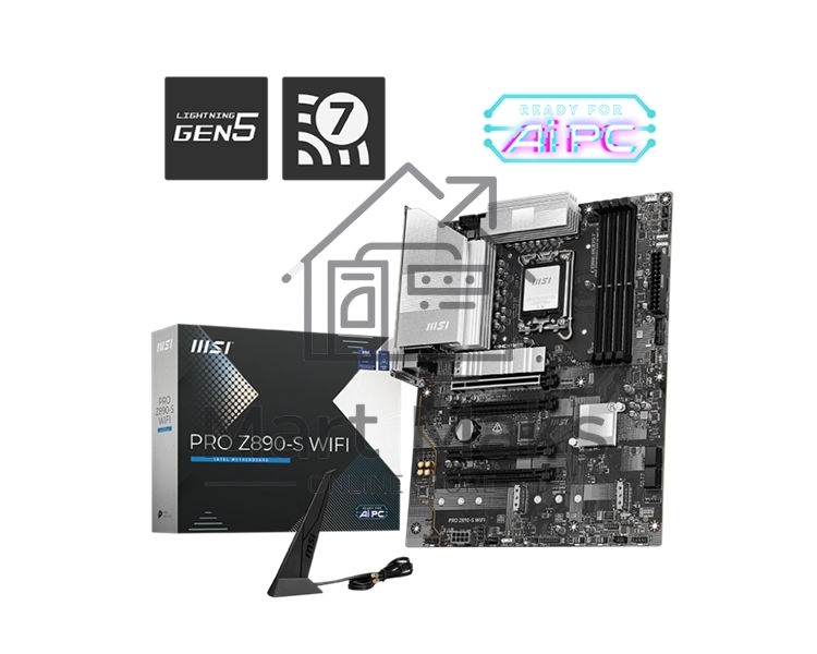 Материнская плата MSI PRO Z890-S WIFI, LGA 1851, Intel Z890, 4xDDR5, 4xSATA, 3xM.2, 1xPCIe 5.0 x16, 2xPCIe 4.0 x4, 1xHDMI, 1xDP, 1xUSB-C Thunderbolt 4, 1xUSB-C 3.2 Gen 2x2, 1x 2.5Gb LAN, 6xUSB-A 3.2 Gen 1, 3x3.5 мм, 7.1, ATX