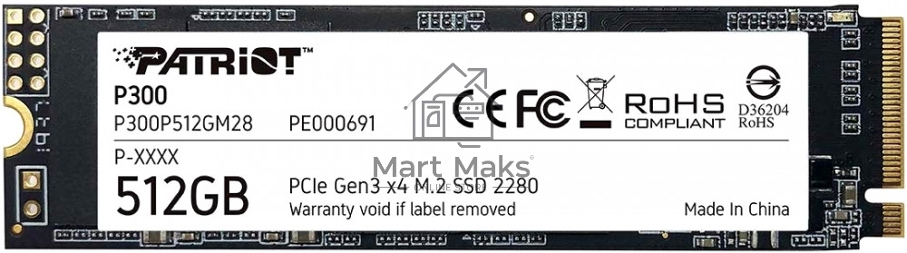 Накопитель SSD Patriot P300, 512GB, PCIe 3.0 x4, M.2 2280, NVMe, R/W 1700/1200