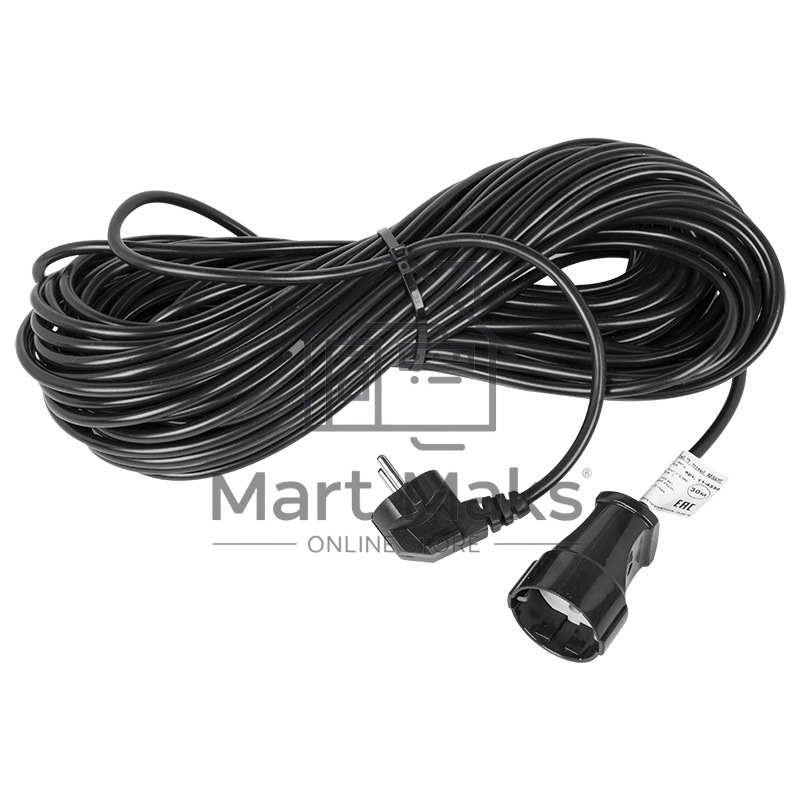 Удлинитель-шнур Rexant ПВС 3х0.75, 30 м, с/з, 6 А, 1300 Вт, IP44, черный (Сделано в России)