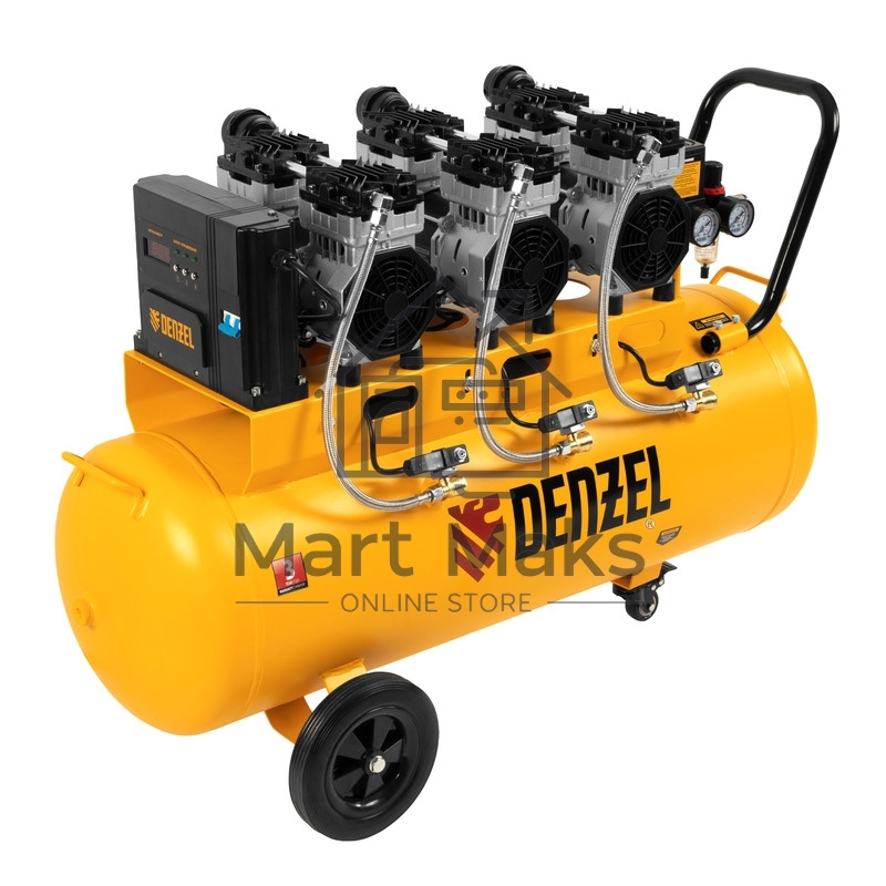 Компрессор безмаслянный малошумный DLS 2250/100, 2250 Вт, 3х750, 100 л, 410 л/мин блок упр Denzel