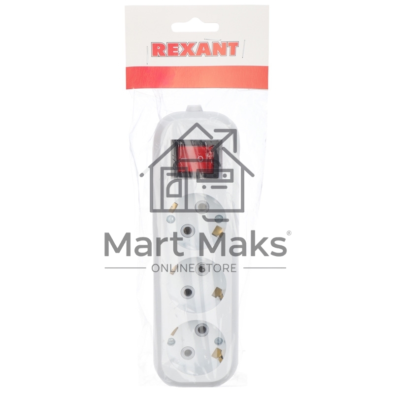 Колодка 3 гнезда с кнопкой c заземлением Rexant