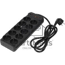 Сетевой фильтр-удлинитель PowerCom SP-10 USB2A1CB 3.0M, 10 розеток, черный, 16А, 4кВт, 204Дж, защитные шторки, защита от КЗ, перегрузки и импульсных помех, один порт USB-C(PD20W) и два USB-A(QC3.0) суммарной мощностью 15Вт, кабель 3x1.5 мм2, ШхГхВ 268х105х43 мм, вес 0.77 кг.