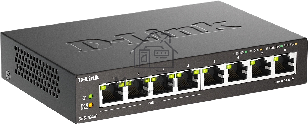 Неуправляемый коммутатор D-Link DGS-1008P/F3A с 8 портами 10/100/1000Base-T (4 порта PoE 802.3af/at, PoE-бюджет 60 Вт)