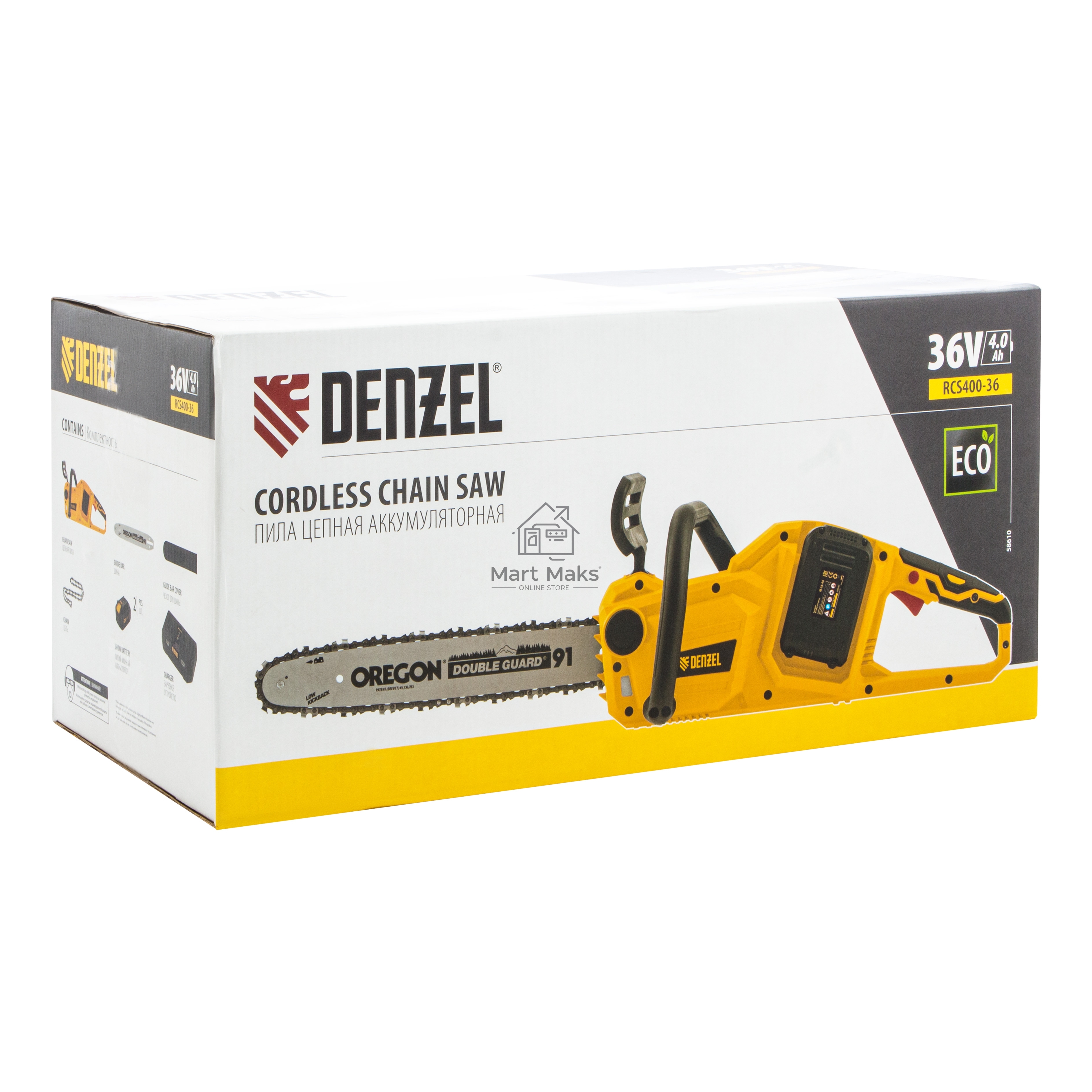 Цепная пила аккумуляторная бесщет. Denzel RCS400-36, Li-ion, 36 В, 4 Ач, шина 400 мм/ 58610