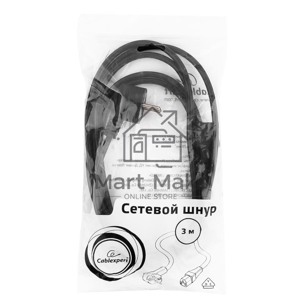 Кабель питания Cablexpert PC-186-VDE-3M,  3м, Schuko- C13, VDE, 10А, Сечение провода: 0,75 мм2, черный, с заземлением