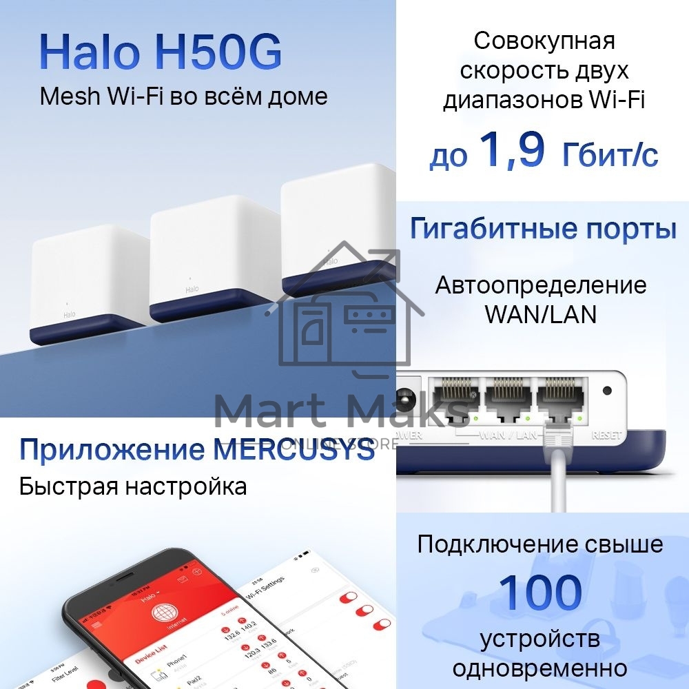 Система Mercusys MESH AC1900 Whole Home Mesh Wi-Fi System, 3× Internal Antennas, 3×GB ports (WAN/LAN) (3-pack)