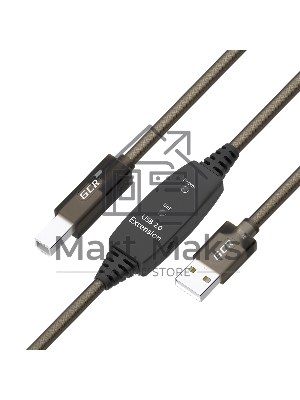 Кабель активный GCR 5.0m USB 2.0, AM/BM, черно-прозрачный, с усилителем сигнала, разъем для доп.питания, 28/24 AWG