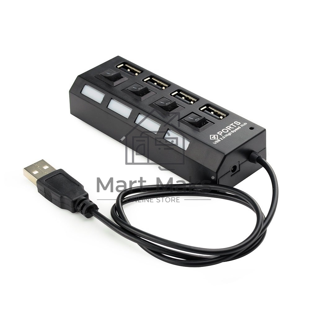 Разветвитель USB2.0 Gembird 4xUSB, блок питания 2А, подсветка и выкл, кабель USB 55см, черный (UHB-U2P4-02A)