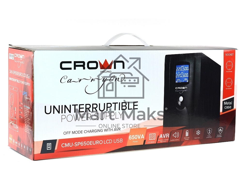 Источник бесперебойного питания CROWN Line Intractive CMU-SP650EURO LCD USB 650VA\390W, корпус металл, 1x12V/7AH, розетки 2*EURO+3*IEC, трансформатор AVR 140-290V, LCD-дисплей, съёмный кабель 1.2 м, порт RJ11/45, порт USB, защита: от перегрузки, от КЗ, от