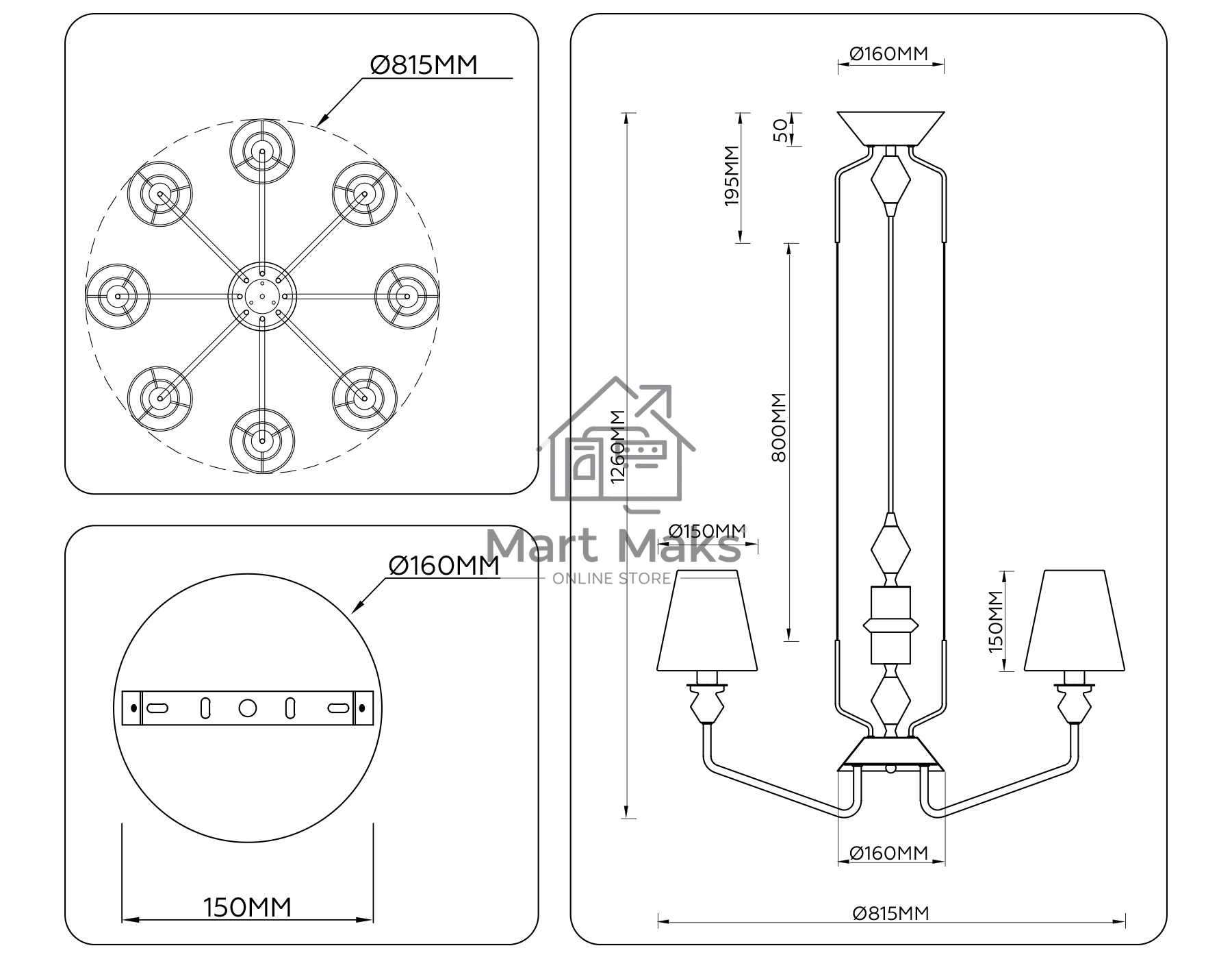 Люстра Ambrella light LH75403/8 GD/GR золото/серый E14*8 max 40W D815*1260