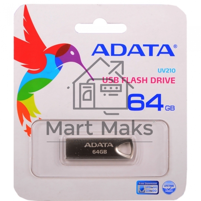 Флешка USB R/W ADATA R/W 64GB ADATA UV210, USB 2.0, Металлич. Серебро