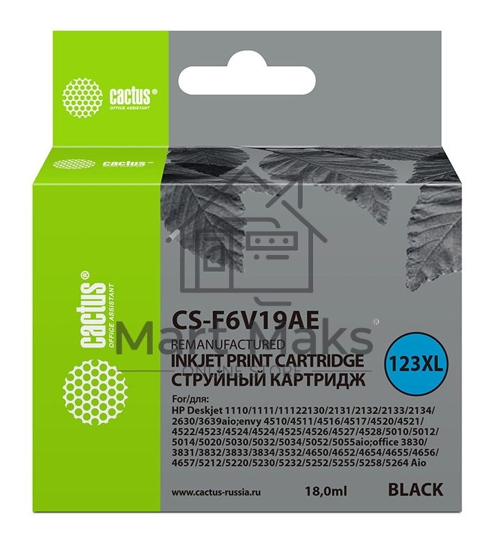 Картридж струйный Cactus CS-F6V19AE (123XL) черный (480стр., 18 мл) для HP DeskJet 1110/1111/1112/2130