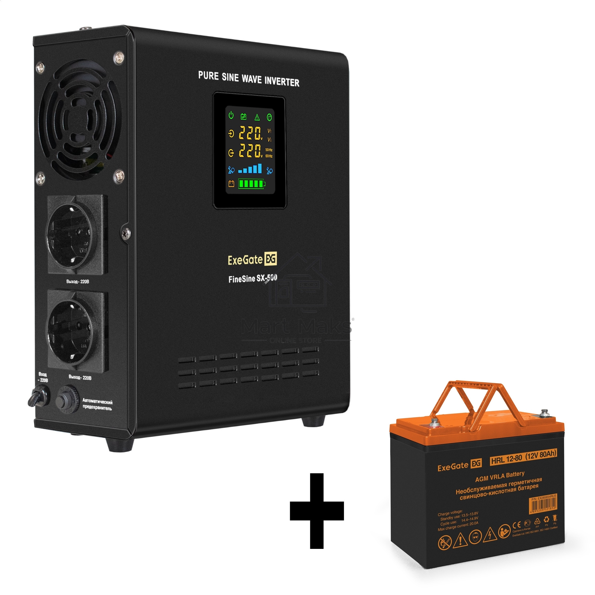 Комплект Источник бесперебойного питания EX295995RUS + батарея 80Aч EX285654RUS 1шт (инвертор, синус, для котла, настенный) ExeGate FineSine SX-500.LCD.AVR.2SH <500VA/300W, чистая синусоида, цветной LCD-дисплей, AVR, 2*Schuko, линейно-интерактивный, крепл