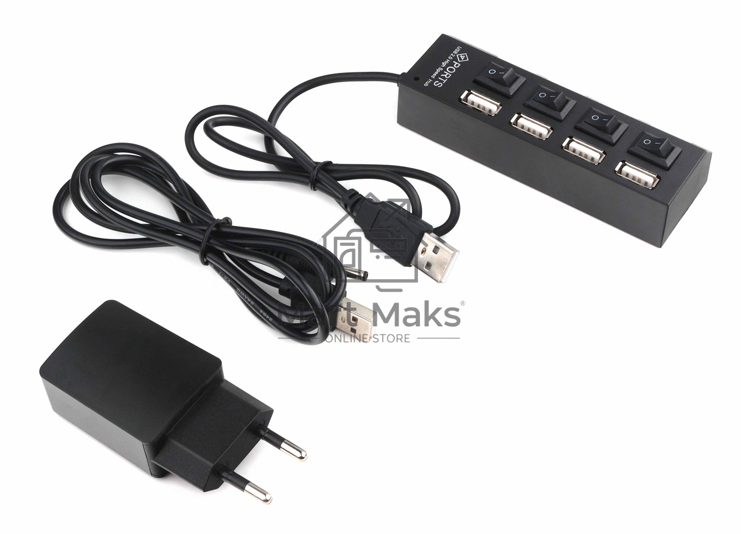 Разветвитель USB2.0 Gembird 4xUSB, блок питания 2А, подсветка и выкл, кабель USB 55см, черный (UHB-U2P4-02A)
