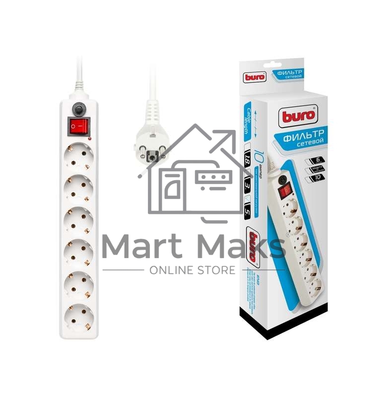 Удлинитель с сетевым фильтром 6х5 м с заземл. 10А IP20 600SH-5-W CCA 3х0.75 белый BURO 992275