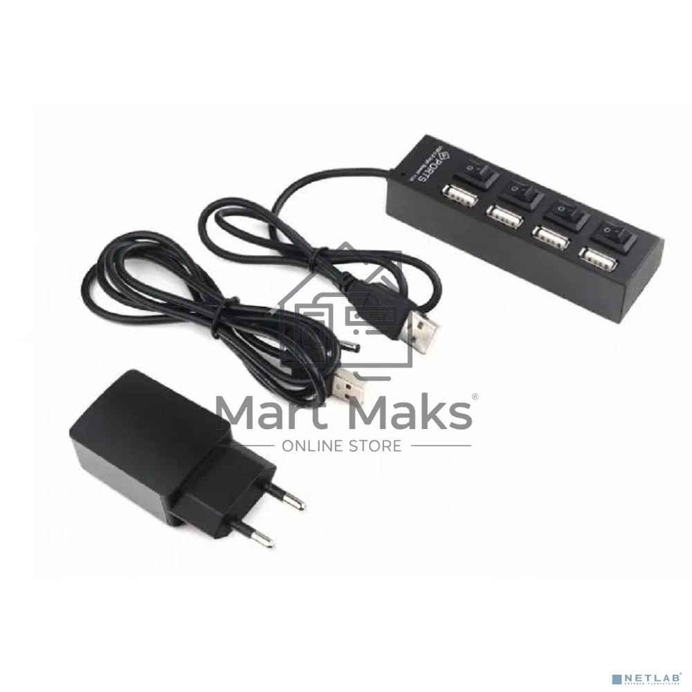 Разветвитель USB2.0 Gembird 4xUSB, блок питания 2А, подсветка и выкл, кабель USB 55см, черный (UHB-U2P4-02A)