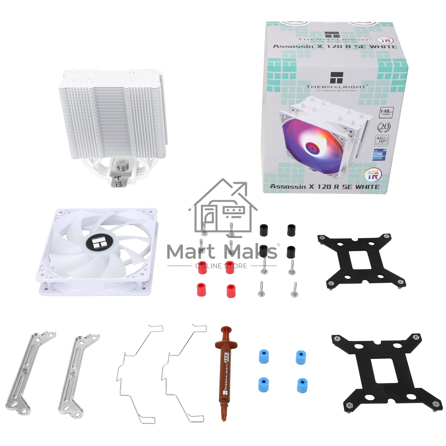 Кулер для процессора Thermalright Assassin X 120 Refined SE белый Argb (4-pin PWM, 148mm, Ni/Cu, 4x6mm, ARGB, 1x120mm, 66.17CFM, 25.6dBA, 1550RPM, S: 1200, 1700, 1851, 115X, AM4, AM5, white)