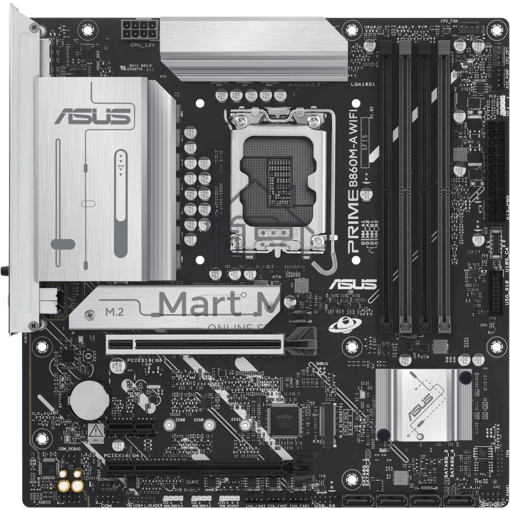 Материнская плата ASUS PRIME B860M-A WIFI, LGA 1851, Intel B860, 4xDDR5, 4xSATA, 2xM.2, 1xPCIe 5.0 x16, 1xPCIe 4.0 x16, 1xPCIe 4.0 x1, 2xDP, 1xHDMI, 1x 2.5Gb LAN, 1xUSB-C 20Gbps, 1xUSB-A 10Gbps, 2xUSB-A 5Gbps, 4xUSB-A 2.0, 3x3.5 мм, 7.1, micro-ATX.