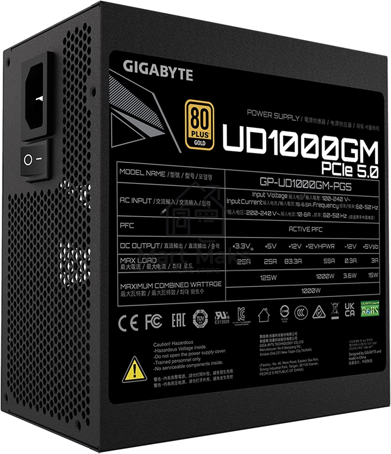 Блок питания Gigabyte GP-UD1000GM PG5 RTL, 1000Вт, 80 PLUS Gold, 120мм, модульный, черный