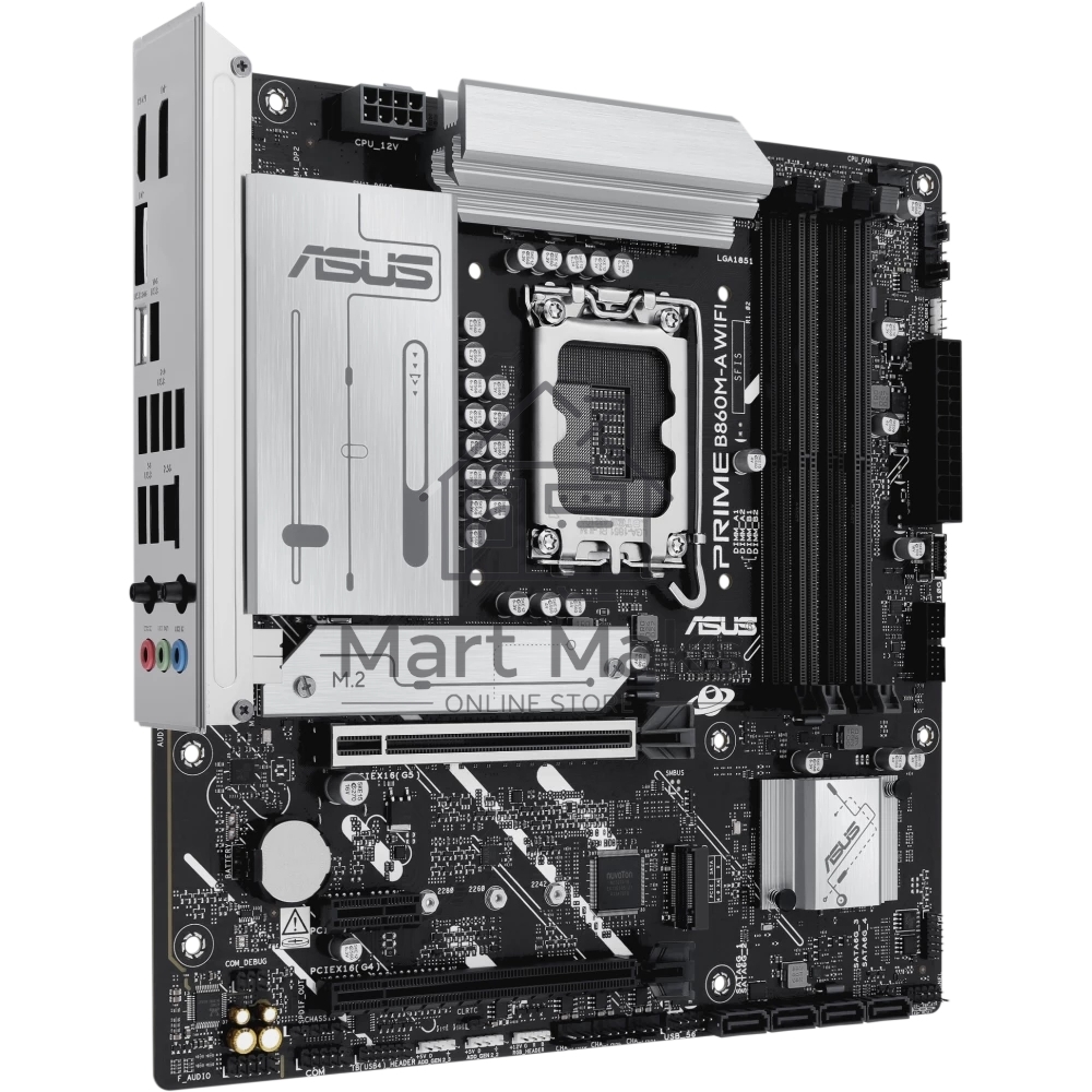 Материнская плата ASUS PRIME B860M-A WIFI, LGA 1851, Intel B860, 4xDDR5, 4xSATA, 2xM.2, 1xPCIe 5.0 x16, 1xPCIe 4.0 x16, 1xPCIe 4.0 x1, 2xDP, 1xHDMI, 1x 2.5Gb LAN, 1xUSB-C 20Gbps, 1xUSB-A 10Gbps, 2xUSB-A 5Gbps, 4xUSB-A 2.0, 3x3.5 мм, 7.1, micro-ATX.
