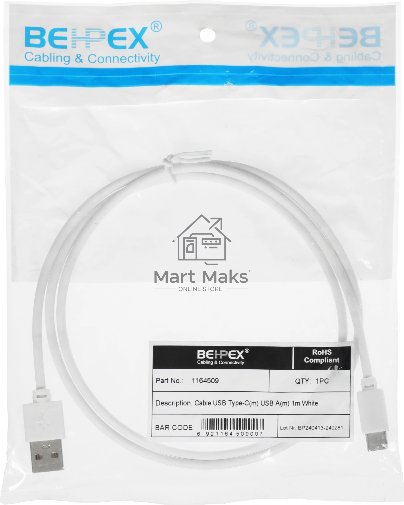 Кабель USB (m)-USB Type-C (m) 1м белый