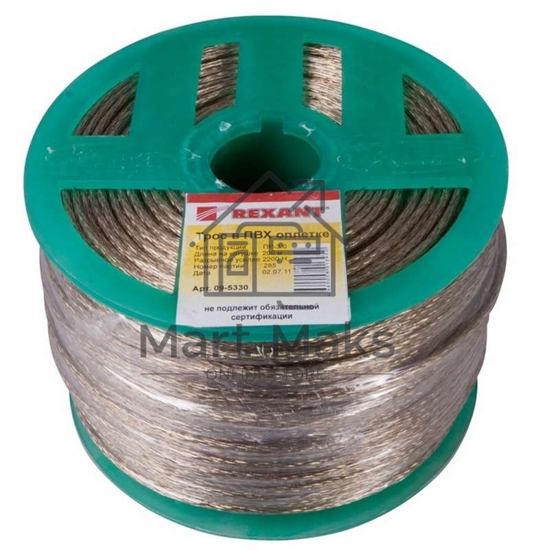 Трос стальной в ПВХ оплетке Rexant d=3,0 мм, прозрачный (бухта 200 м)