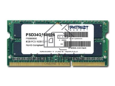 Оперативная память Patriot, DDR3, 4GB (1x4 GB), 1600 MHz, CL11, SO-DIMM