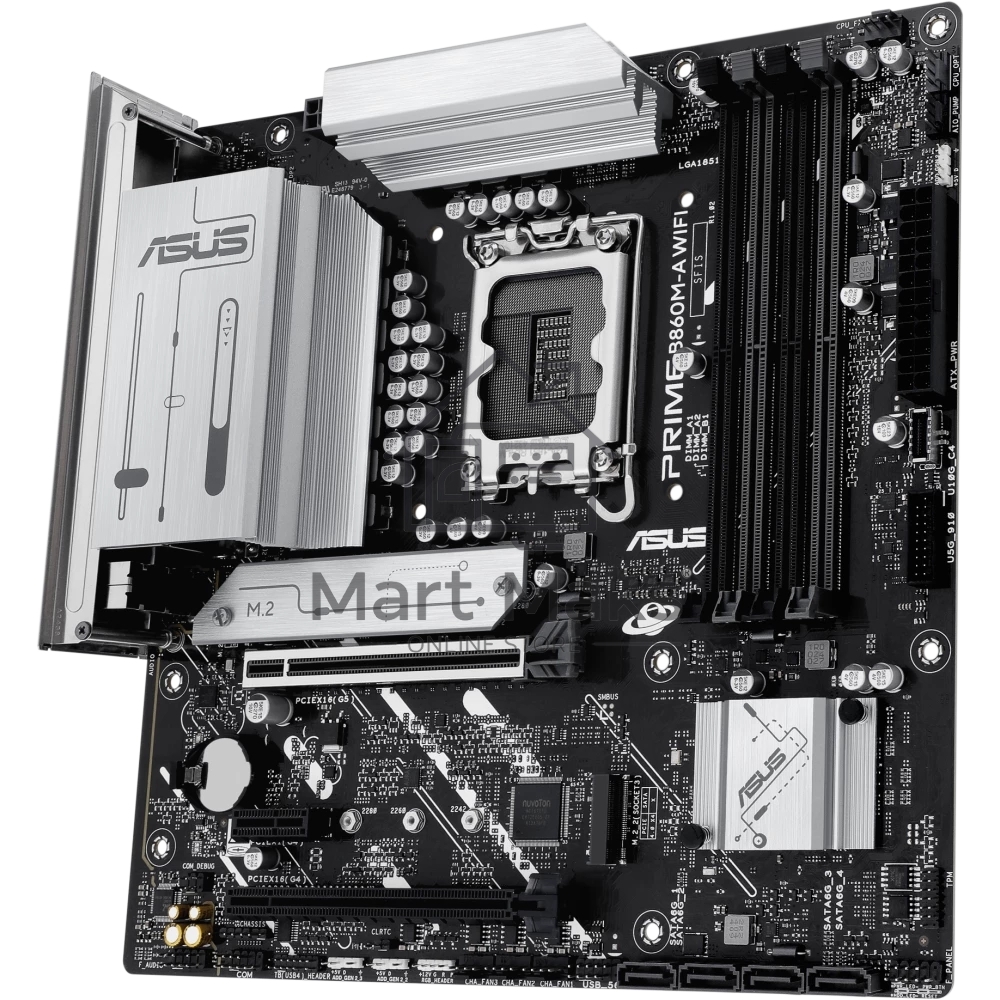 Материнская плата ASUS PRIME B860M-A WIFI, LGA 1851, Intel B860, 4xDDR5, 4xSATA, 2xM.2, 1xPCIe 5.0 x16, 1xPCIe 4.0 x16, 1xPCIe 4.0 x1, 2xDP, 1xHDMI, 1x 2.5Gb LAN, 1xUSB-C 20Gbps, 1xUSB-A 10Gbps, 2xUSB-A 5Gbps, 4xUSB-A 2.0, 3x3.5 мм, 7.1, micro-ATX.