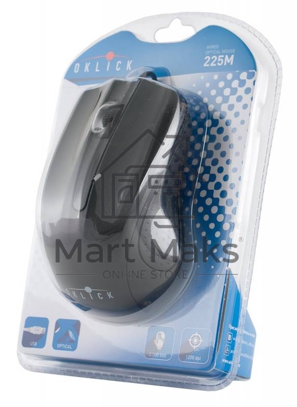 Мышь проводная Oklick 225M черный, 1200 dpi, USB, кнопки - 3